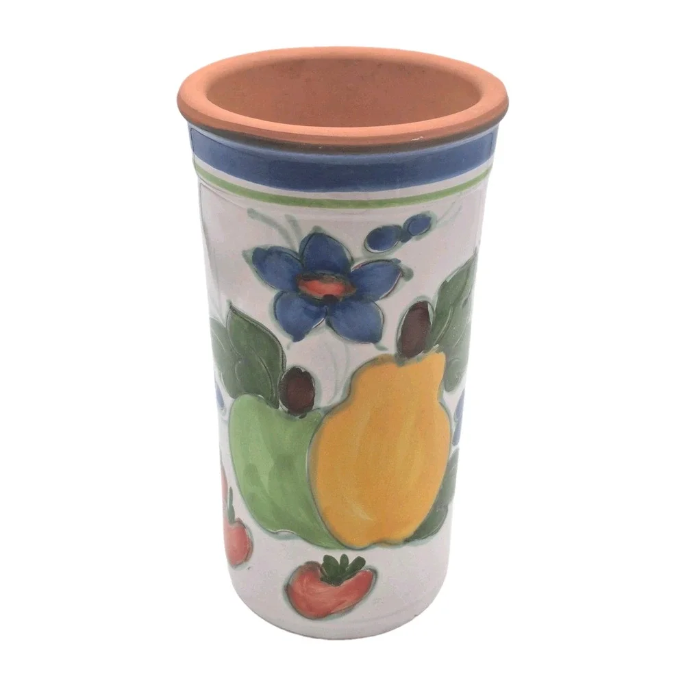 Vintage Handpainted Terracotta Art Pottery Wine Cooler Fruit Flowers 9.5